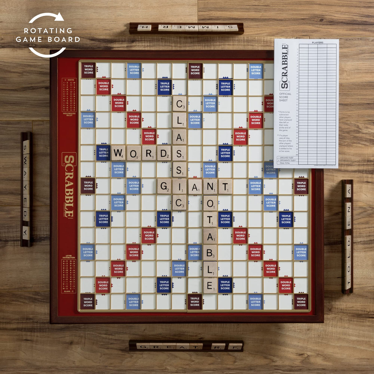 Four wooden racks included with Scrabble Giant Deluxe set