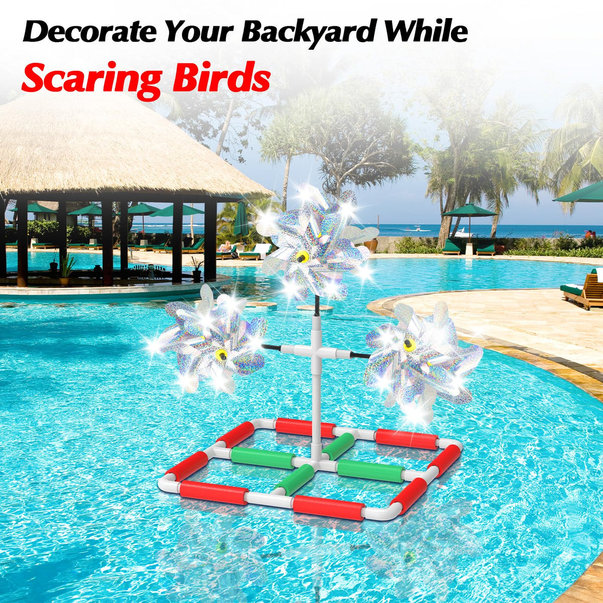 WSBXBB dock pond windmill deters birds with bright reflections near water.