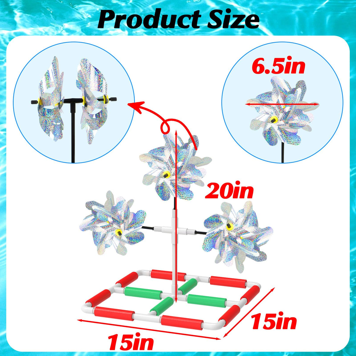 WSBXBB floating reflective windmill panel catches sun to discourage birds over docks.