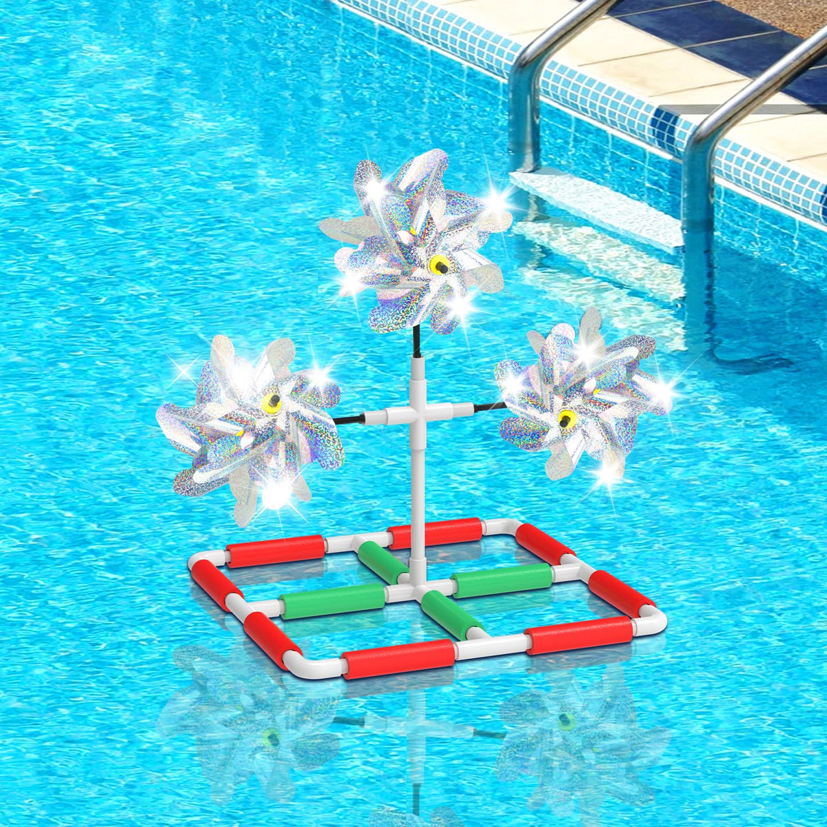 WSBXBB pool bird deterrent windmill with reflective panels deters ducks.