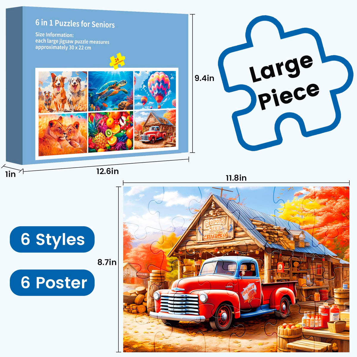 WSCXSC large-piece puzzles for seniors feature 30 x 22 cm images for clear visibility.