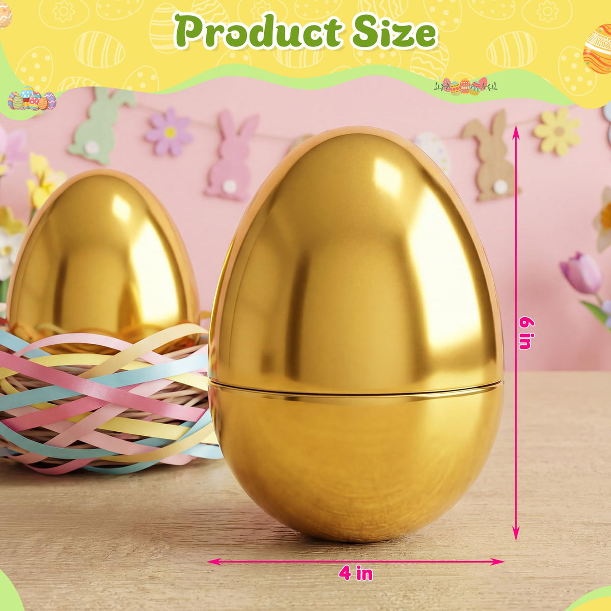 Closeup of Wsorik golden Easter egg with 6in height and reflective finish.