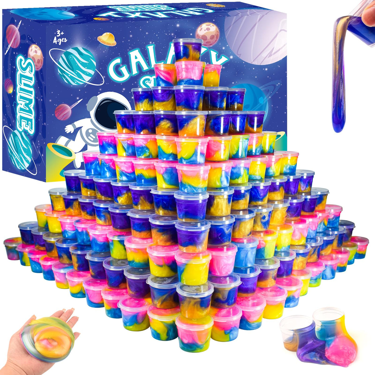 WUHUANIU Galaxy Slime cups with vibrant swirls, ideal for party favors.