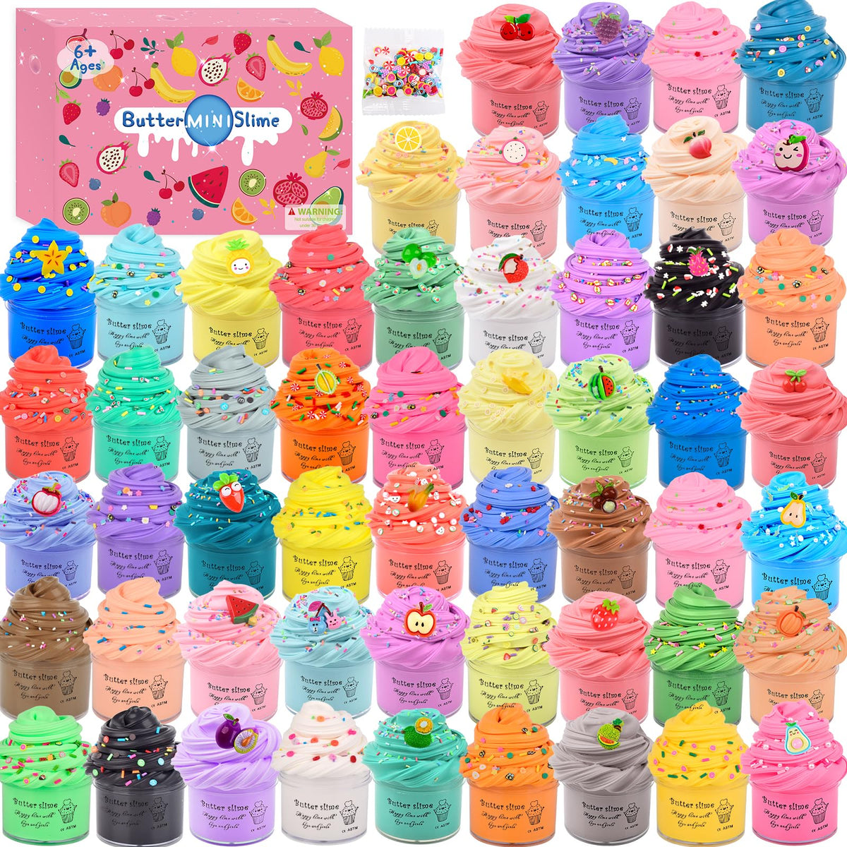 WUJYLY fruit slime kit 54-pack shows vibrant colors for creative play and party favors