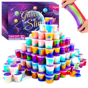 WUJYLY Galaxy Slime 75-pack display with vibrant party favor colors for kids