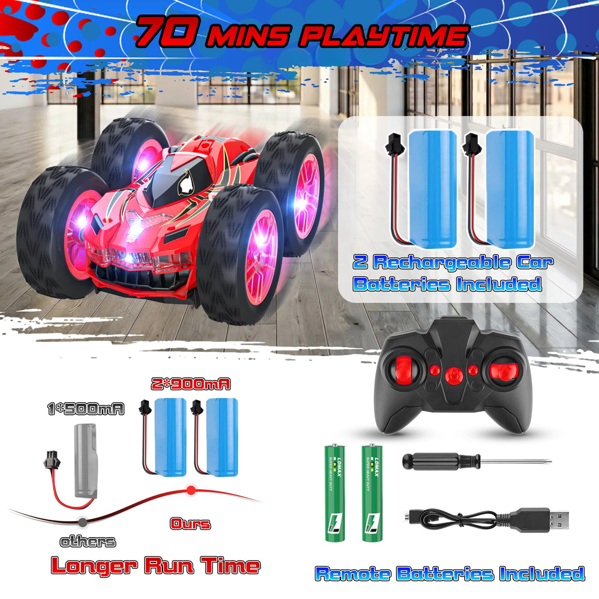 Wupuaait RC car showing vibrant LED lights for night driving.