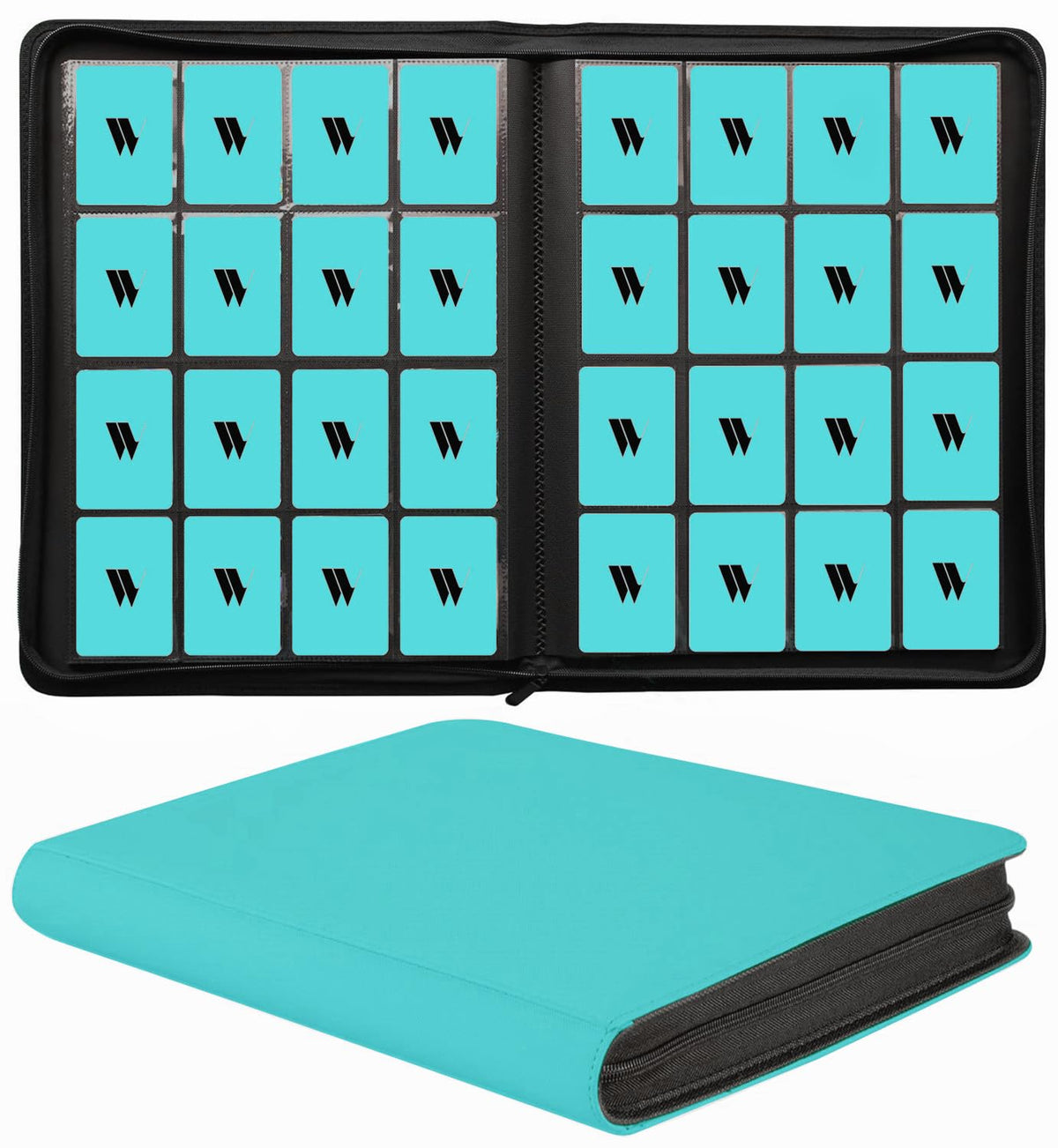 WUTONMU 16-pocket teal card binder, front view with double-sided pockets.