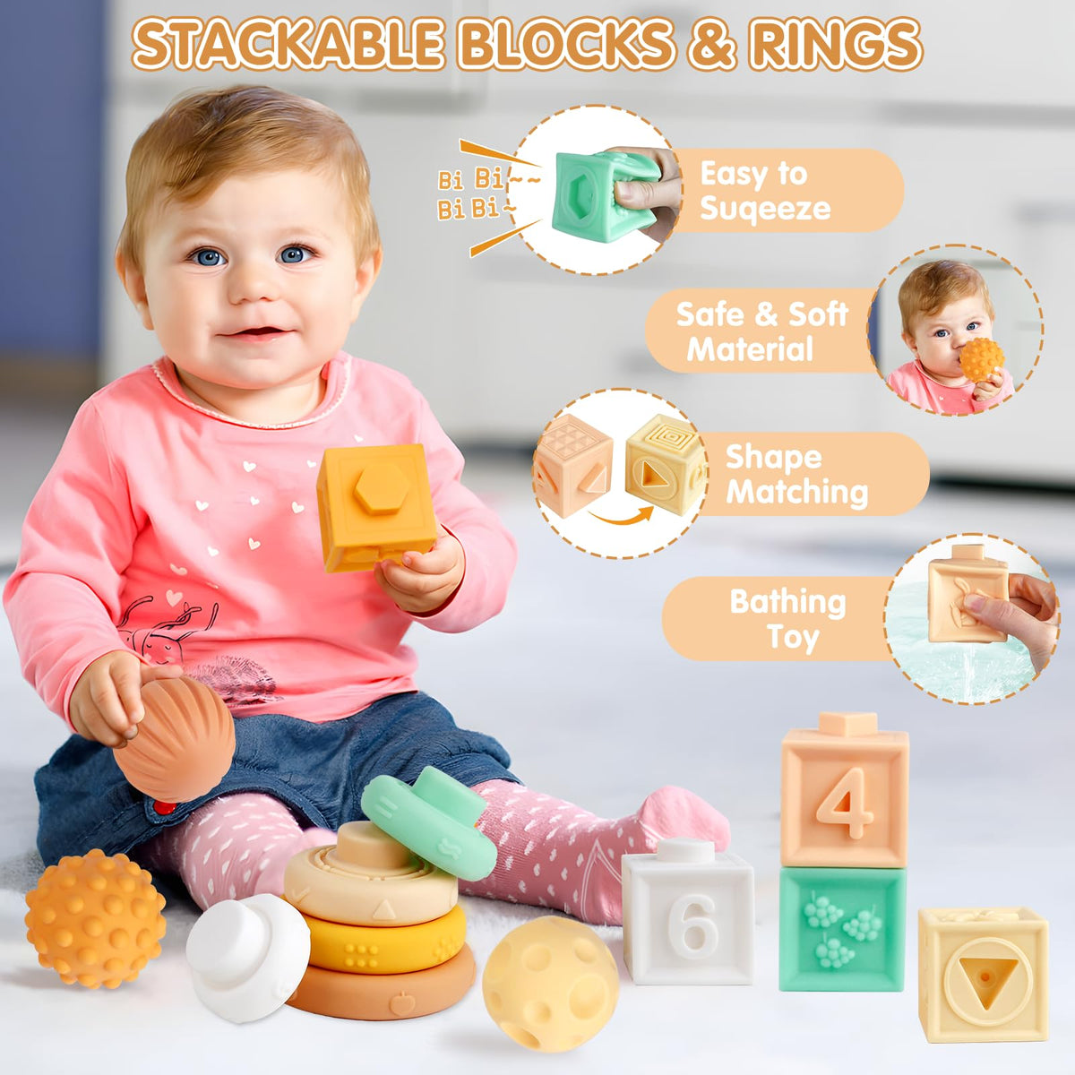 Wuzhineisn 6-in-1 baby toys embossed blocks for shape recognition and tactile play.