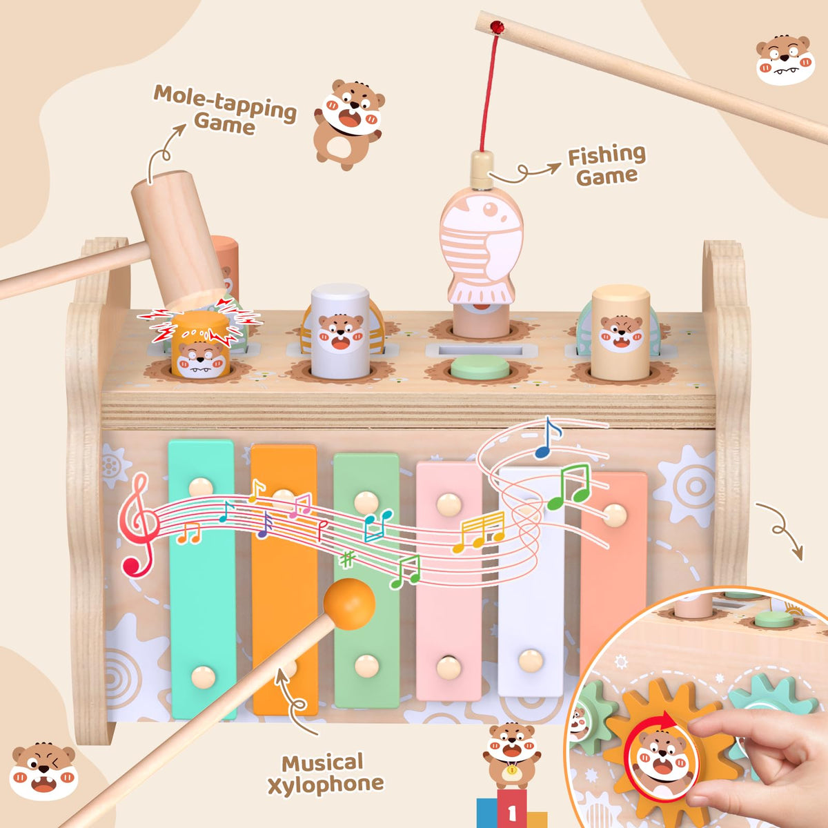Wuzhineisn hammering toy on wood base promoting tactile exploration and grip strength
