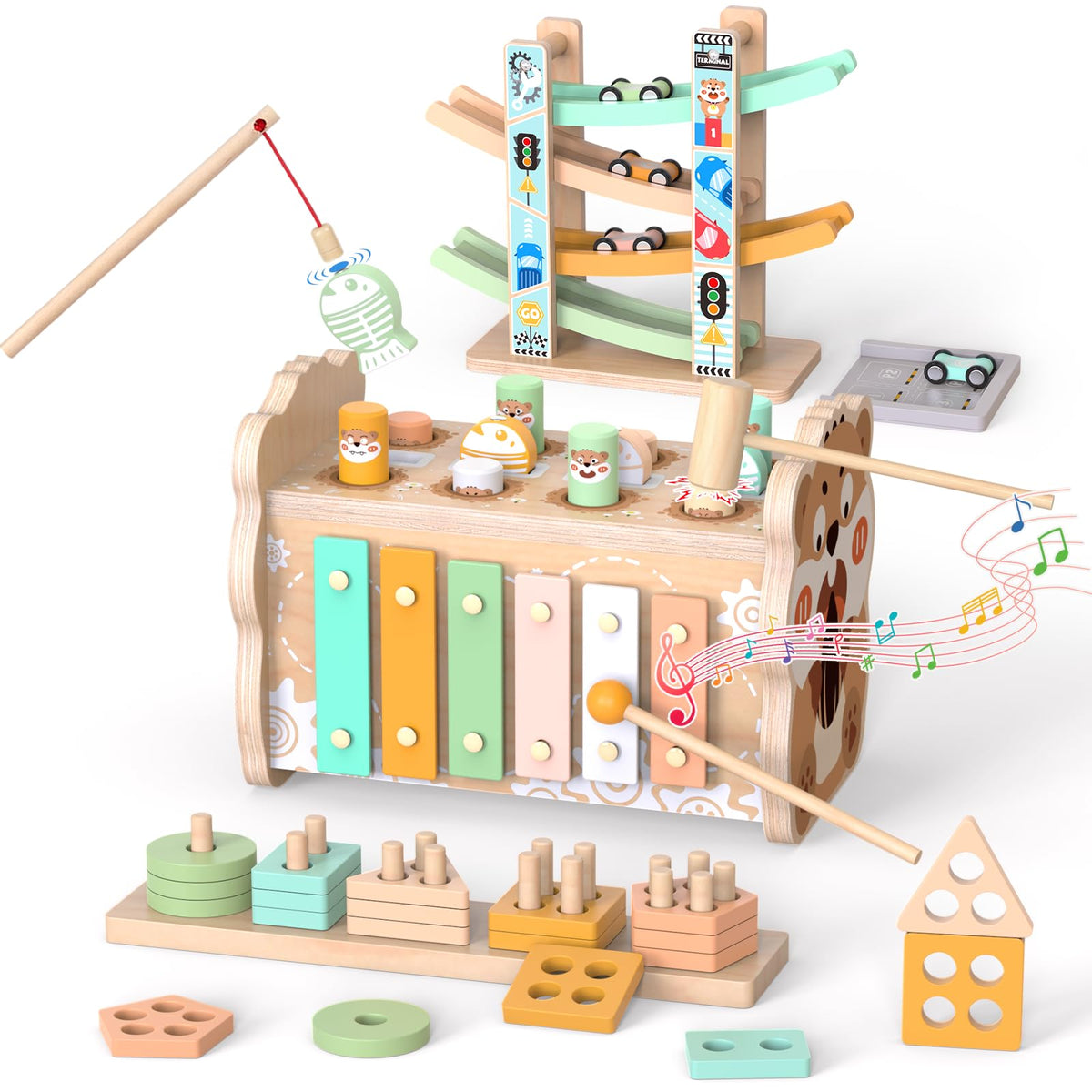 Wuzhineisn wooden Montessori toy with pounding hammering, boosts fine motor skills and hand-eye coordination