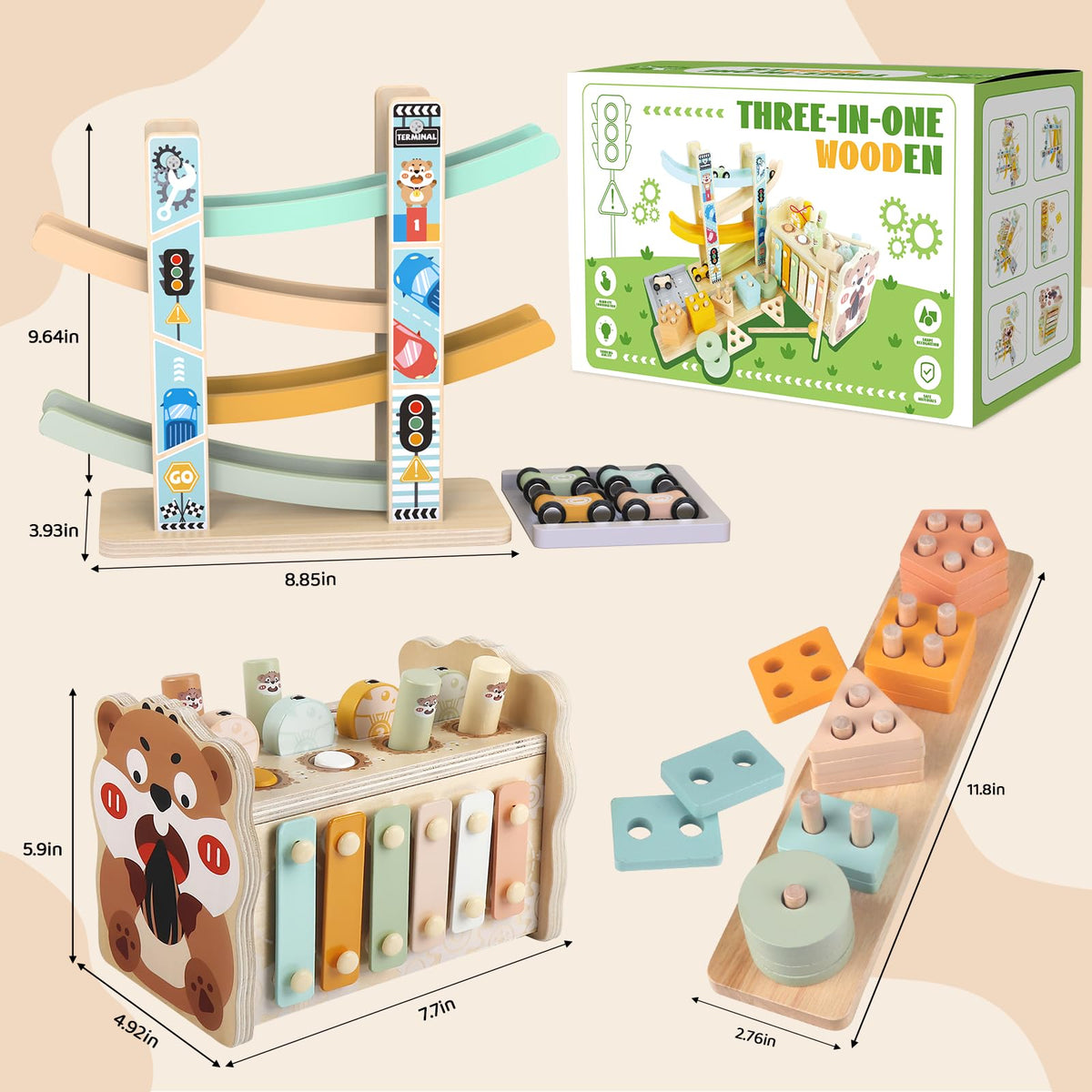 Wuzhineisn 3-in-1 wooden toy offering safe, screen-free play for toddlers