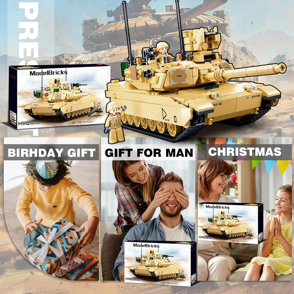 WW2 Army M1A2 tank 781-piece set assembles into a detailed model.
