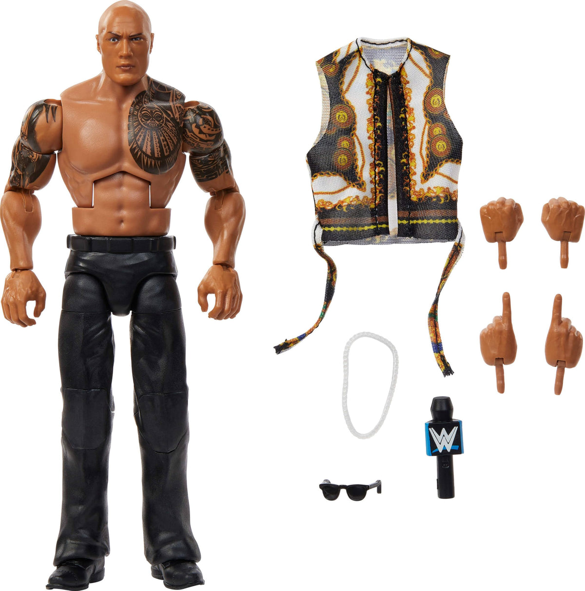 WWE Elite The Rock figure in a dynamic pose for display and play