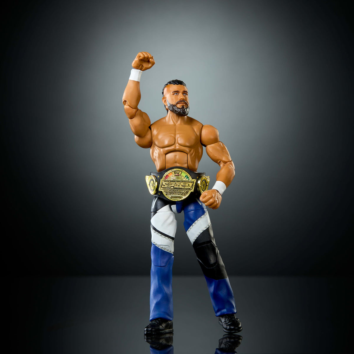 WWE Mattel Elite Andrade iconic accessories enhance display.