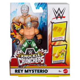 WWE Rey Mysterio green Knuckle Crunchers 3-inch figure on display, ideal for fans and collectors