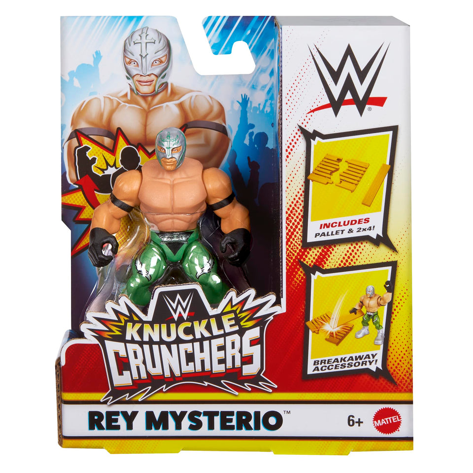 WWE Rey Mysterio green Knuckle Crunchers 3-inch figure on display, ideal for fans and collectors