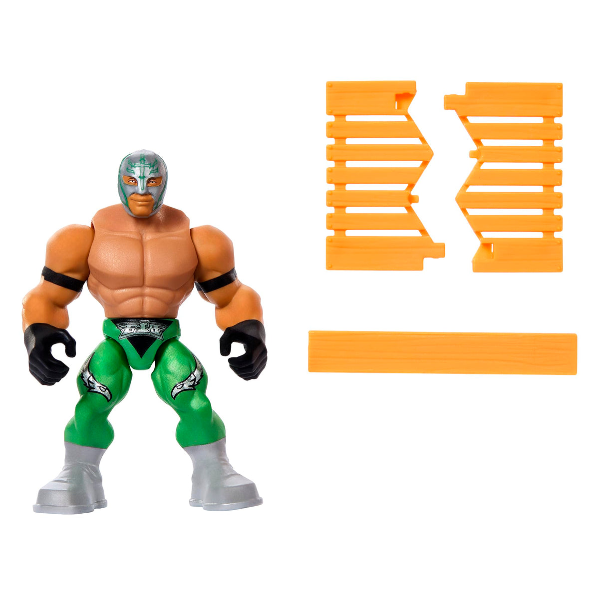 WWE Rey Mysterio green Knuckle Crunchers 3-inch figure in dynamic pose for play or display