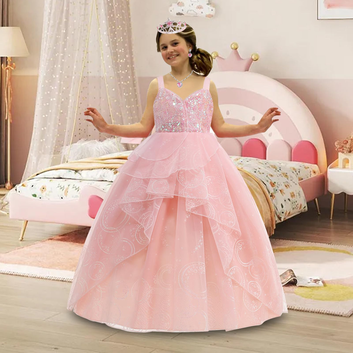 WYB Glinda dress includes earrings for coordinated fantasy styling