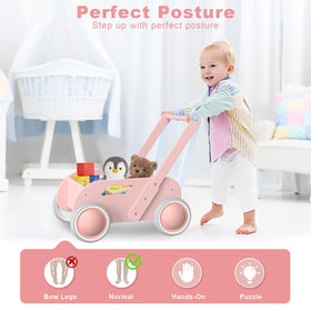 WyfKyd wooden baby walker pink back view with anti tipping structure.