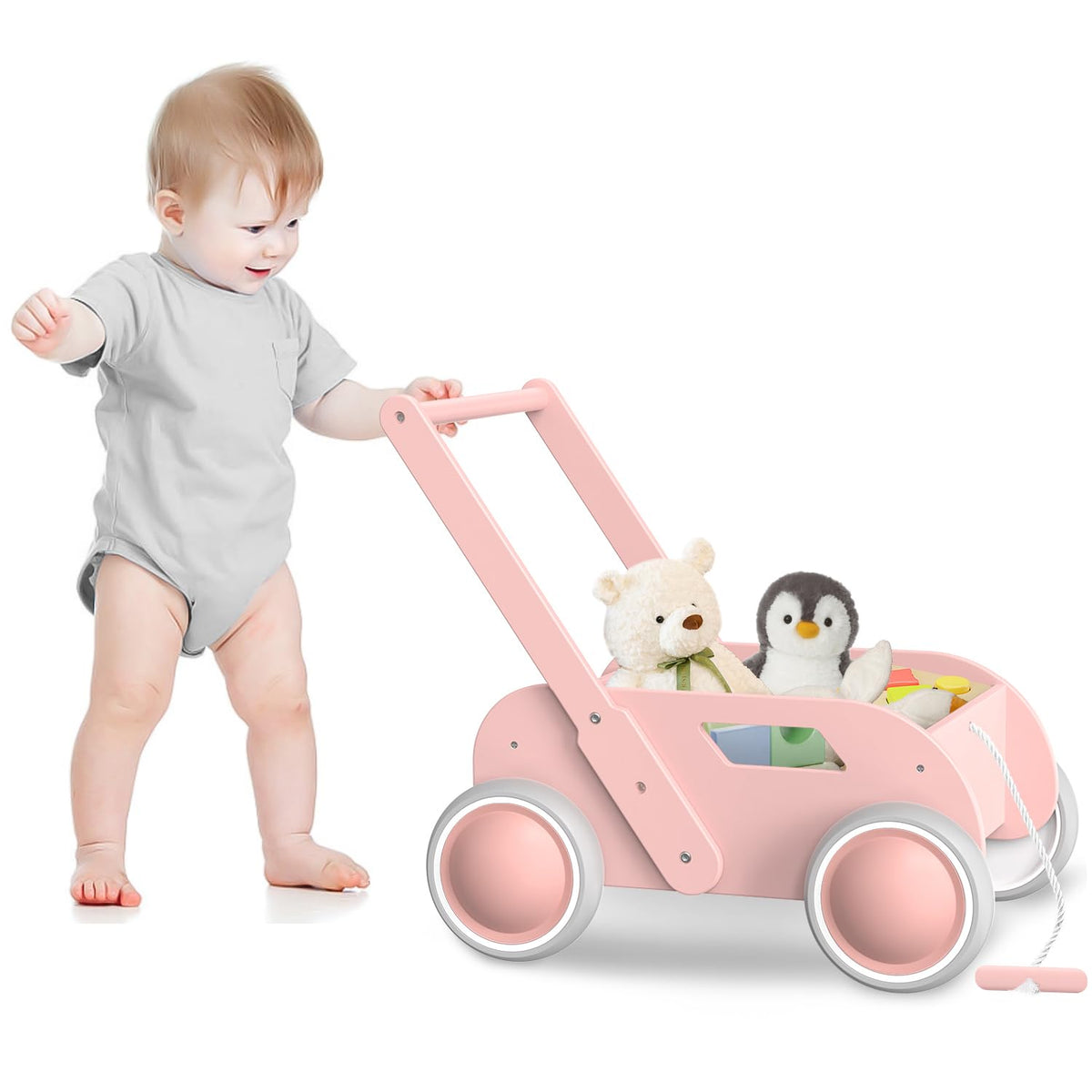 WyfKyd wooden baby walker pink front view showing sturdy design and ease of use.