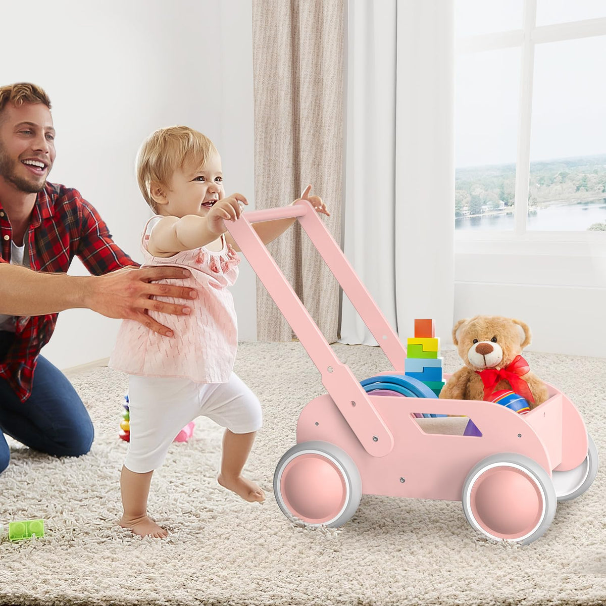 WyfKyd walker pink height adjustment mechanism for growing babies.