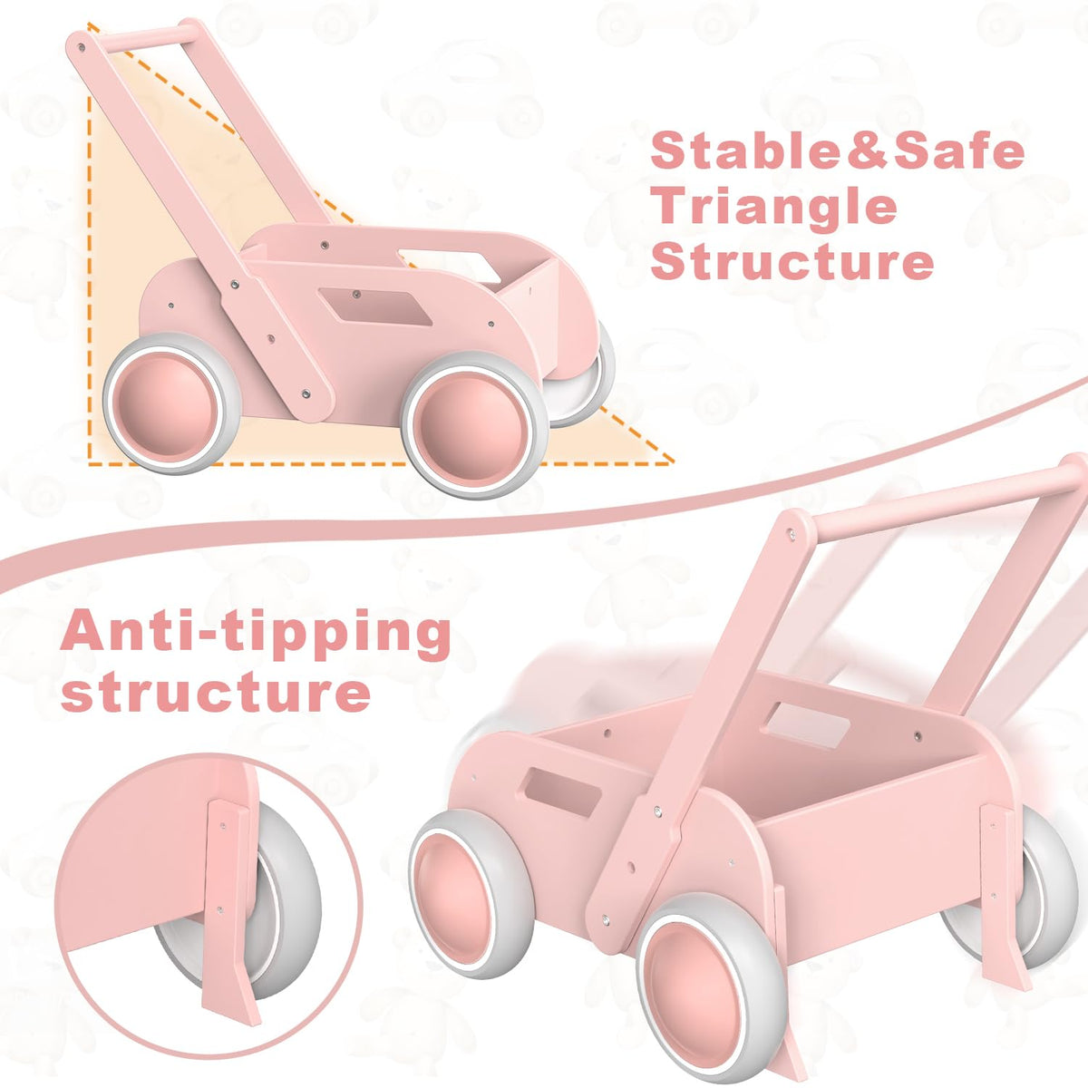 WyfKyd wooden baby walker pink in use during playtime and exploration.