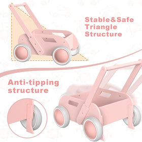 WyfKyd wooden baby walker pink in use during playtime and exploration.