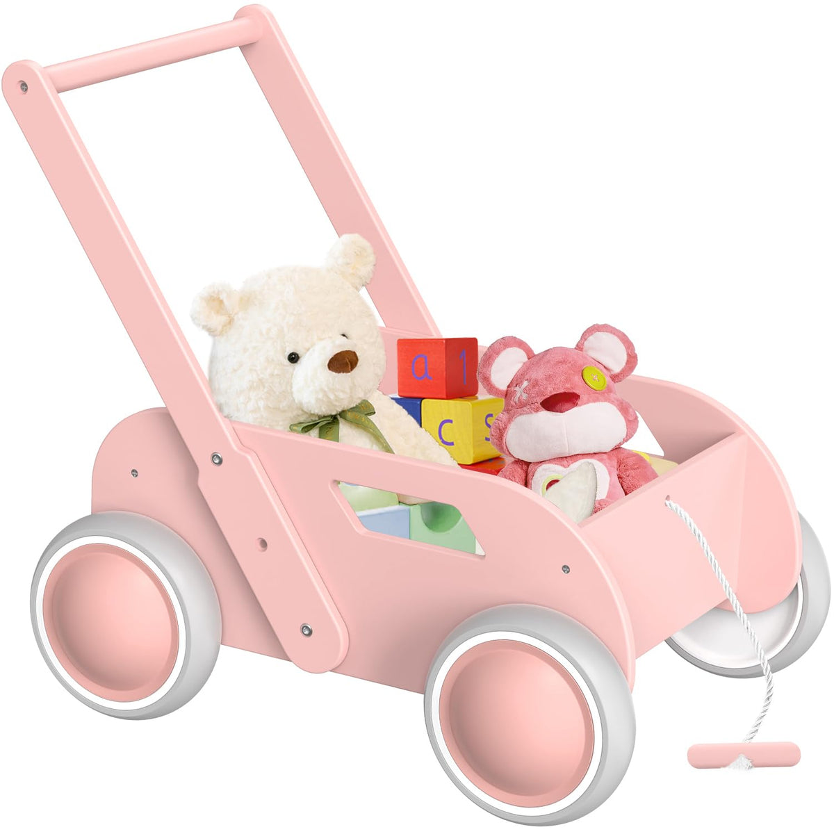 WyfKyd wooden baby walker pink side view highlighting height adjustability.