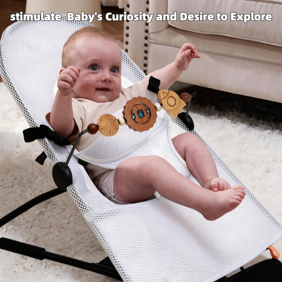 WYFWFDF baby bouncer toy bar spaceship supports visual tracking and fine motor play.