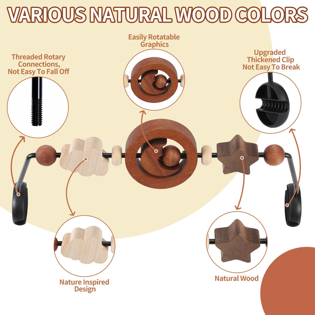 WYFWFDF hand-sanded wooden toy bar with a strong swivel clip for secure attachment.