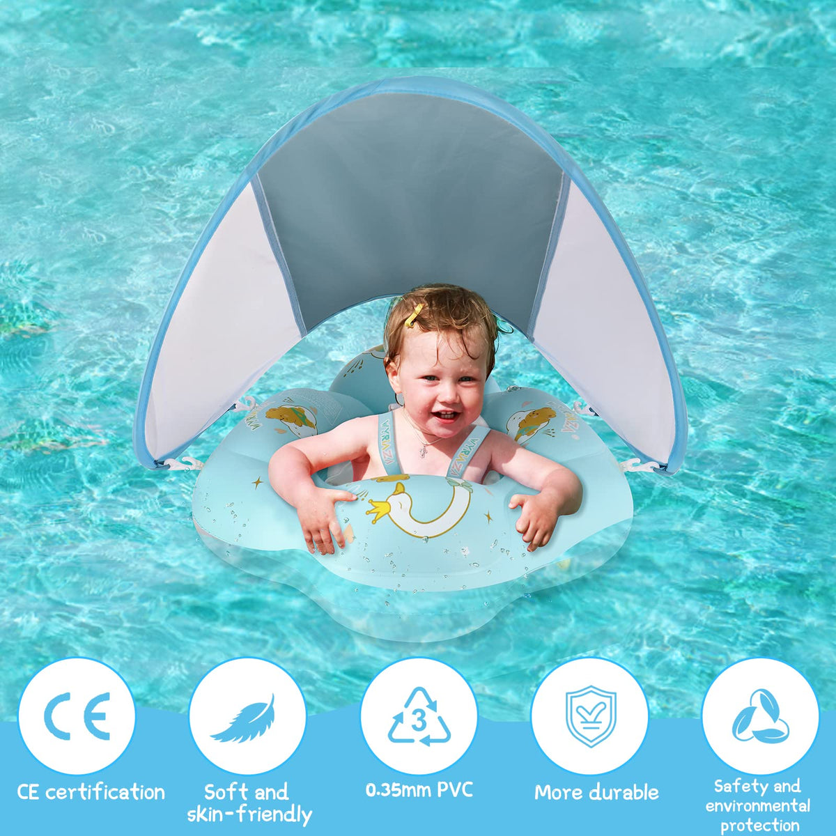WYRIAZA baby float SPF50+ canopy shields delicate skin in sun.