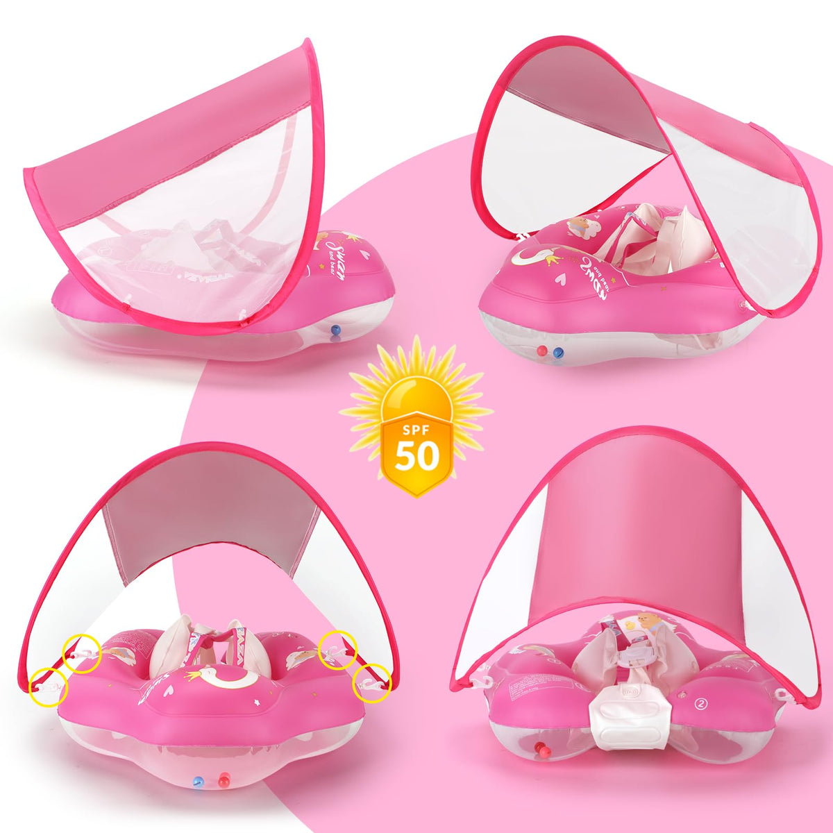 WYRIAZA baby float with adjustable straps holds baby securely in place.