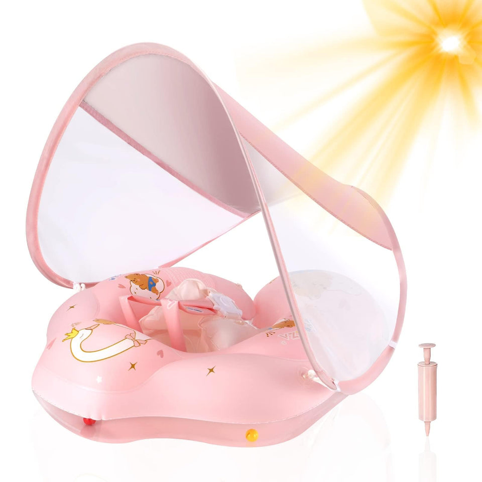 WYRIAZA baby float with canopy shows UPF50+ sun protection for infants