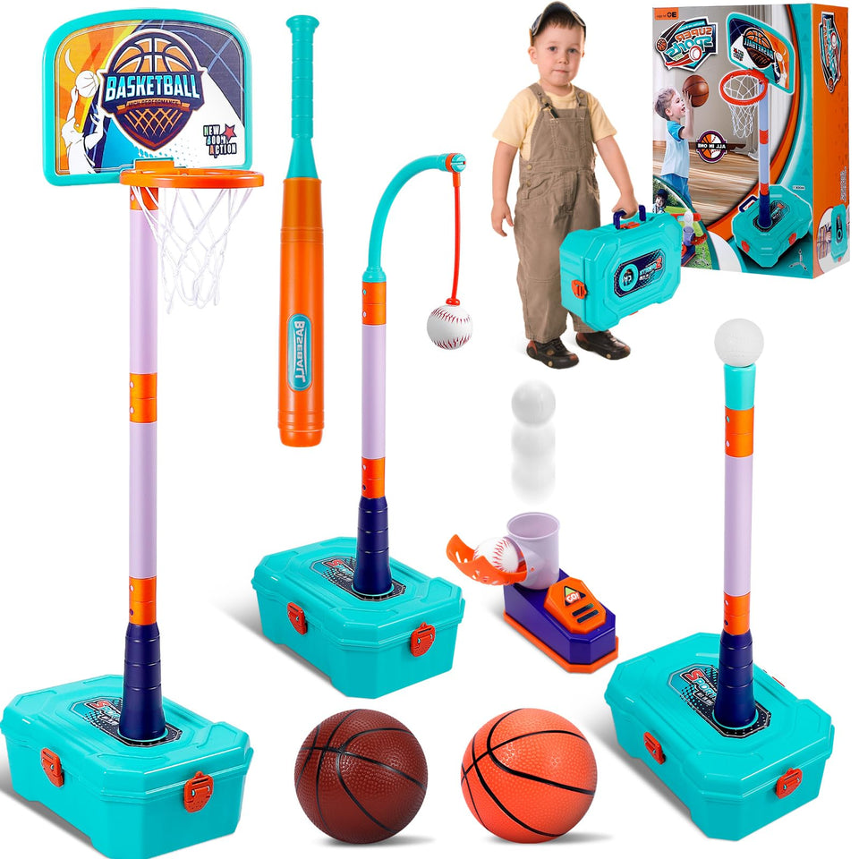 WYRJXYB 4-in-1 toddler basketball hoop assembly demonstrates versatile play setup for indoor or outdoor fun.