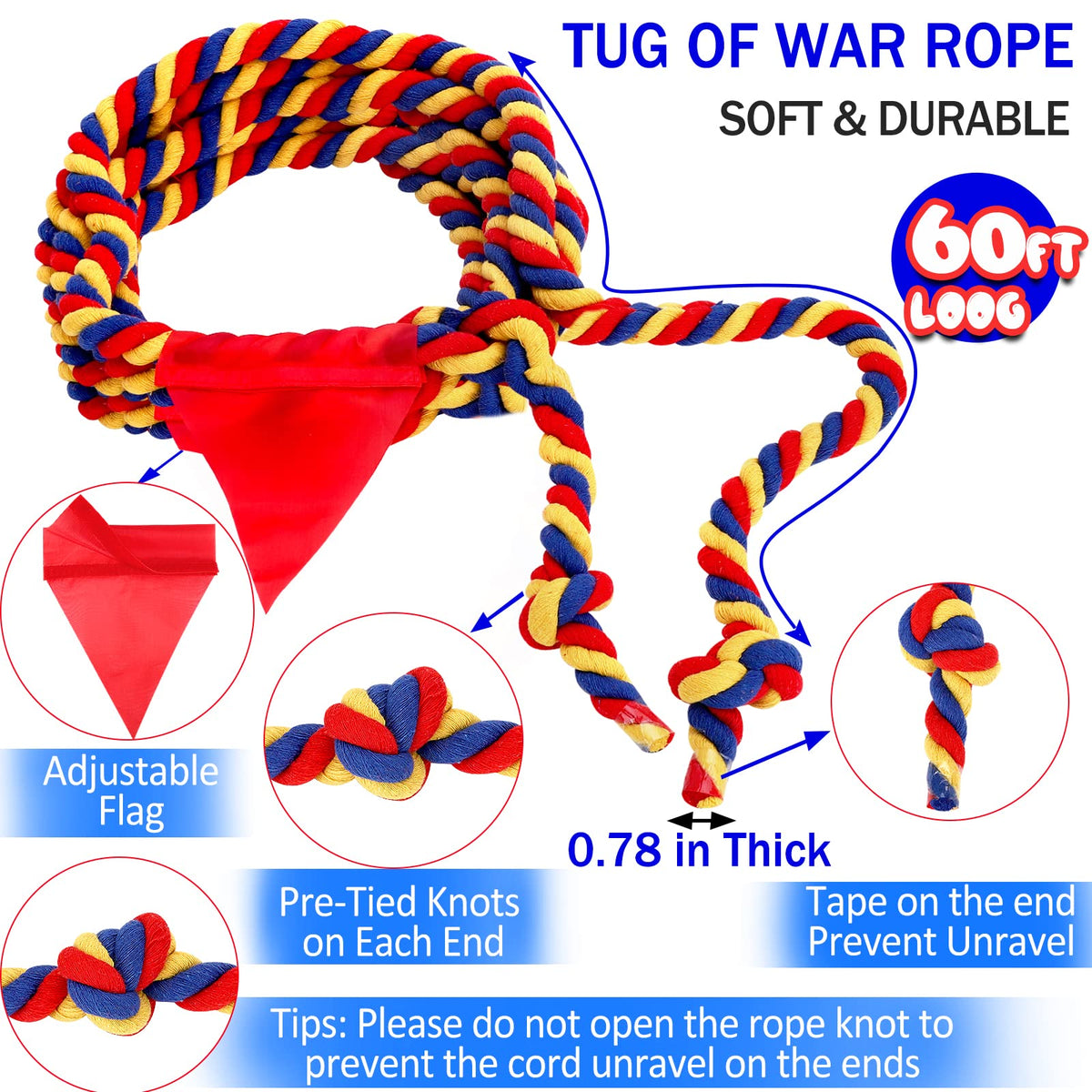 Close-up of pre-tied knots on the WYRJXYB tug of war rope for durability