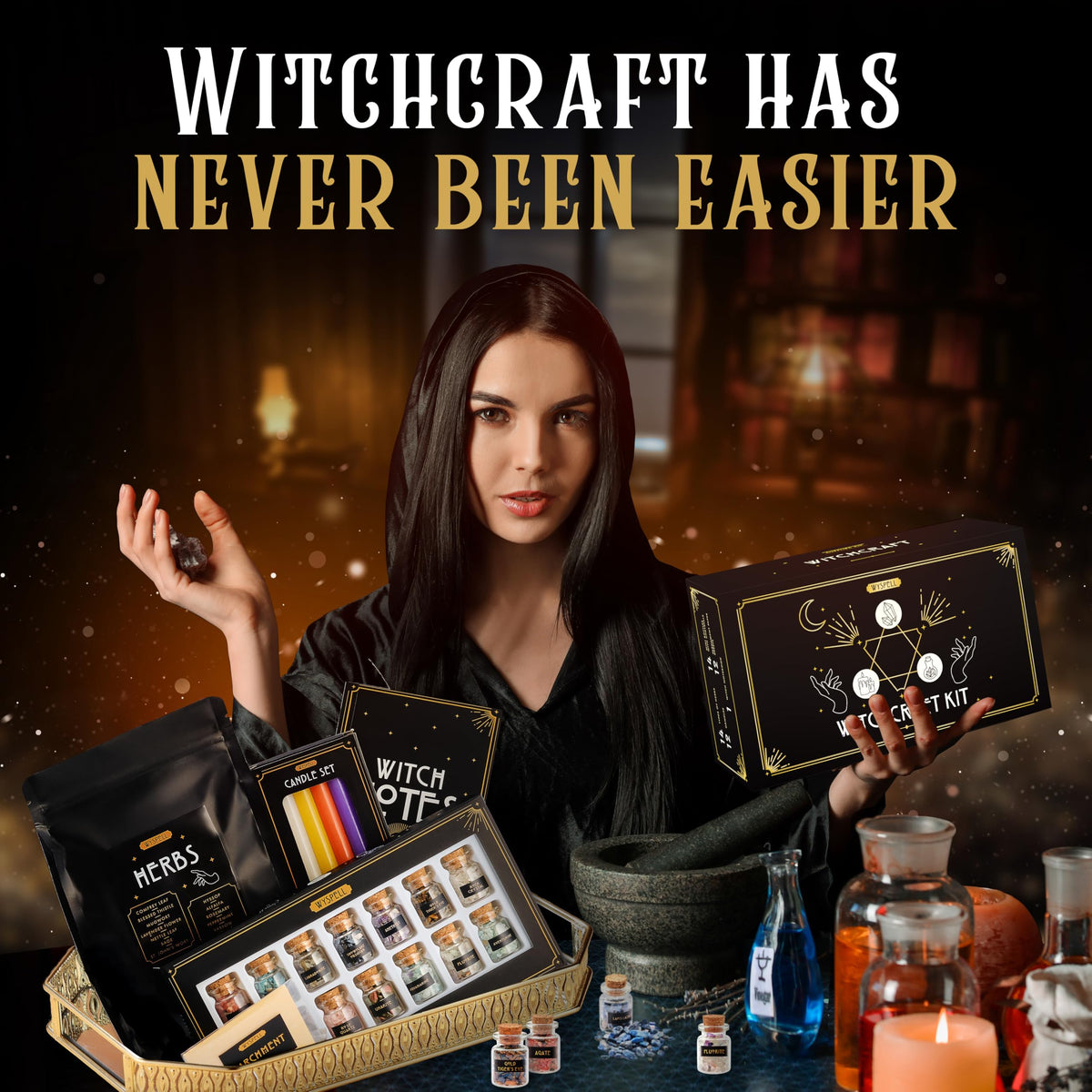 Wyspell gift-ready witch kit with gold stamping suits thoughtful gifts.