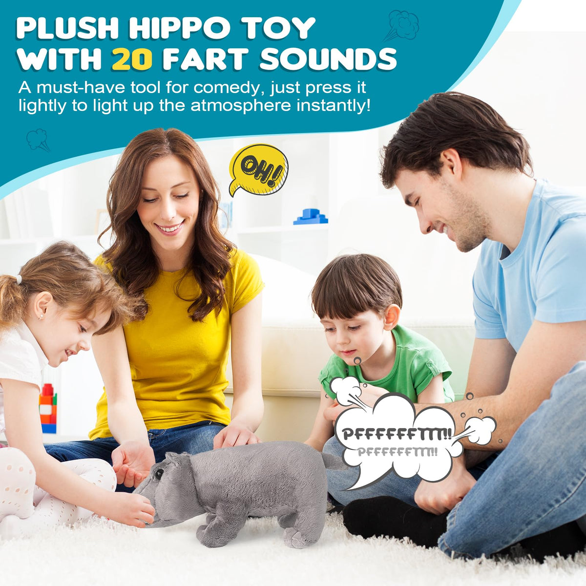 WYZOID hippo plush toy squeeze action close-up triggering amusing fart sounds.