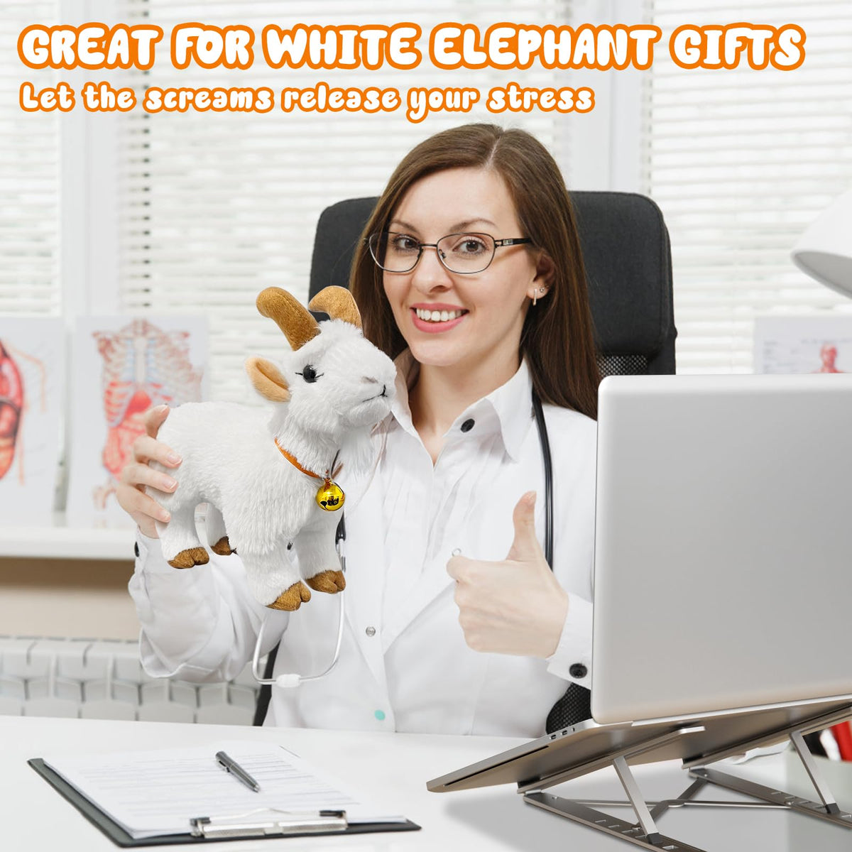 WYZOID Screaming Goat Toy on a desk, ideal for light-hearted office pranks.