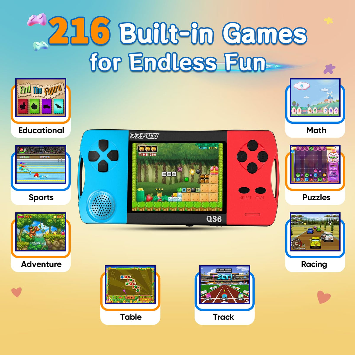 X-JOYKIDS device preloaded with 216 classic games for instant family fun.