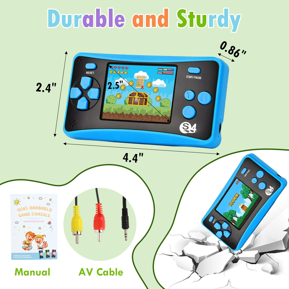 X-JOYKIDS handheld console side view in blue, ideal for travel sessions.