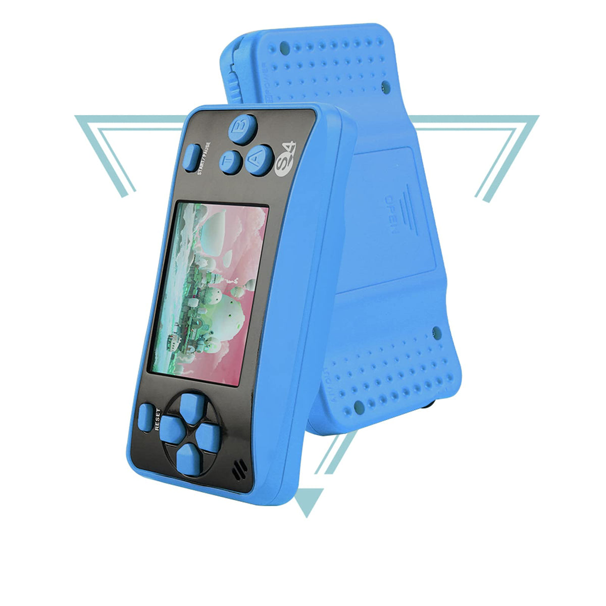 X-JOYKIDS packaging view; ready-to-gift blue handheld game console.
