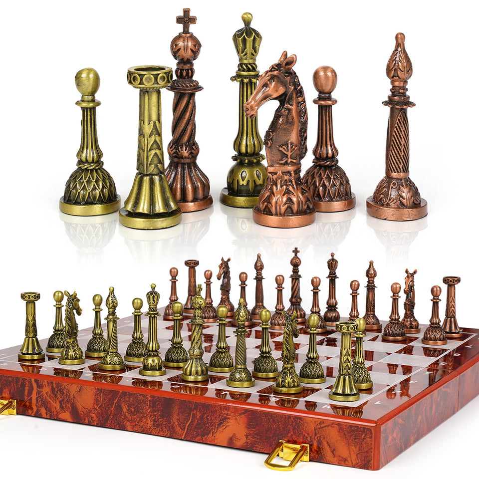 XAOHAO vintage metal chess set with folding marble board for elegant play.