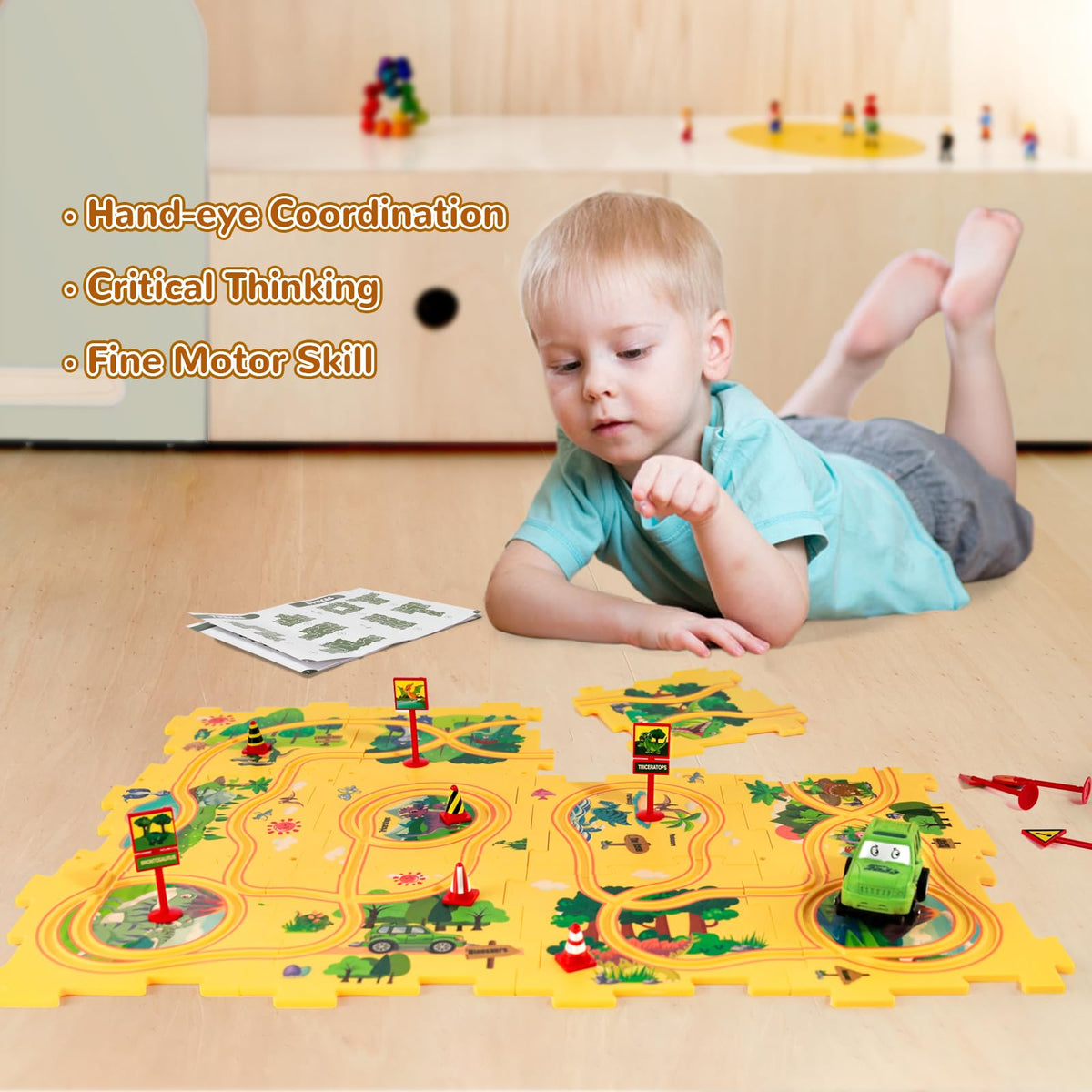 XAZASTOV puzzle pieces and road signs encourage pattern recognition during setup.