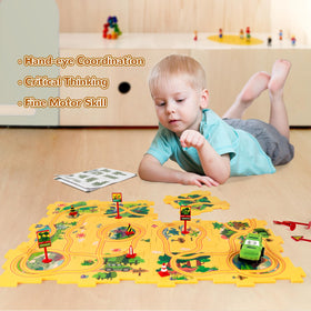 XAZASTOV puzzle pieces and road signs encourage pattern recognition during setup.