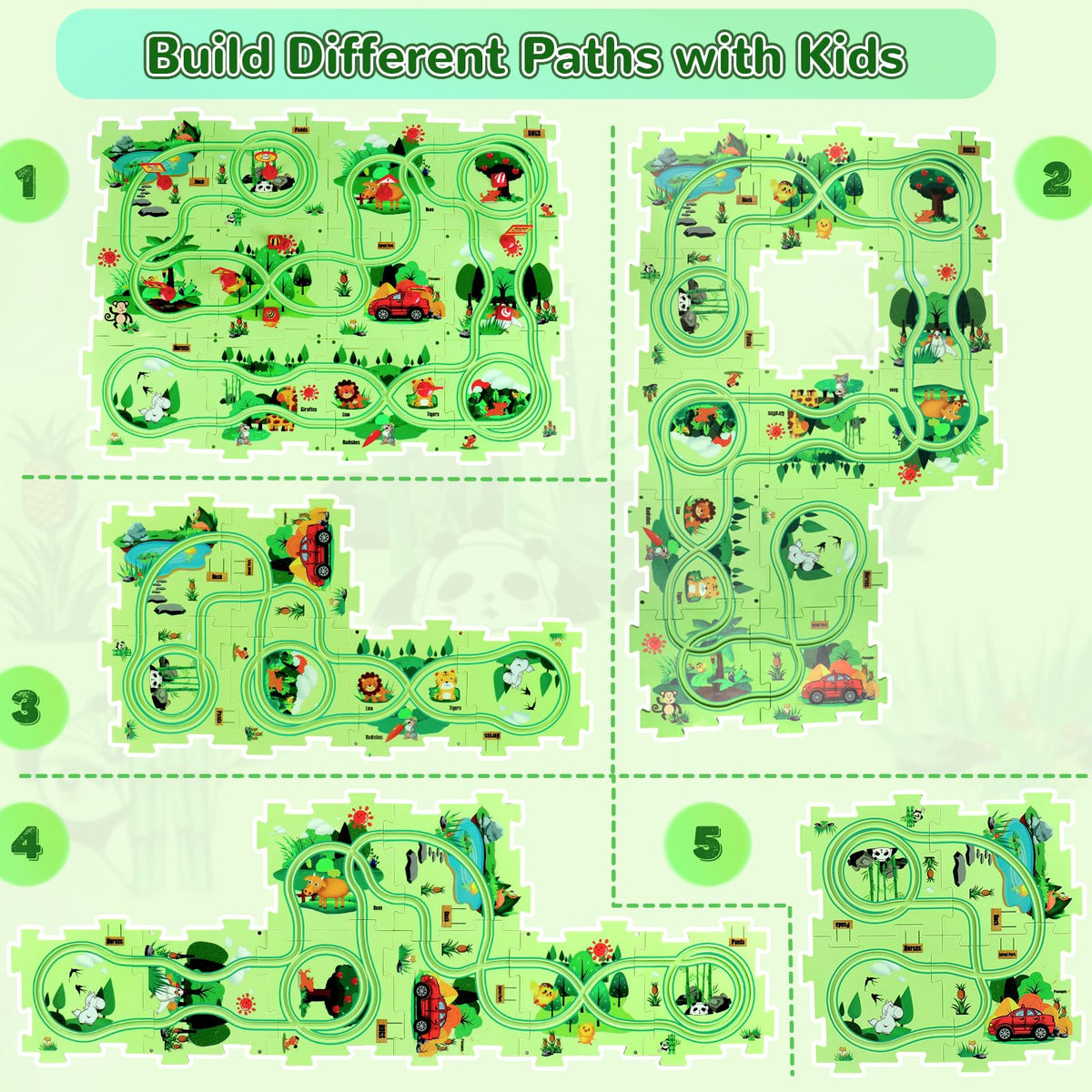 XAZASTOV Puzzle Track Car Play Set showing puzzle pieces on track for path building.