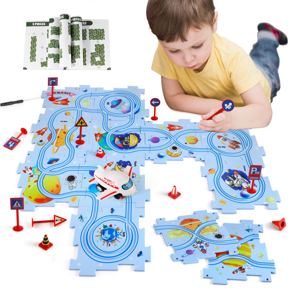 XAZASTOV puzzle track car play set with airplane vehicle for imaginative learning