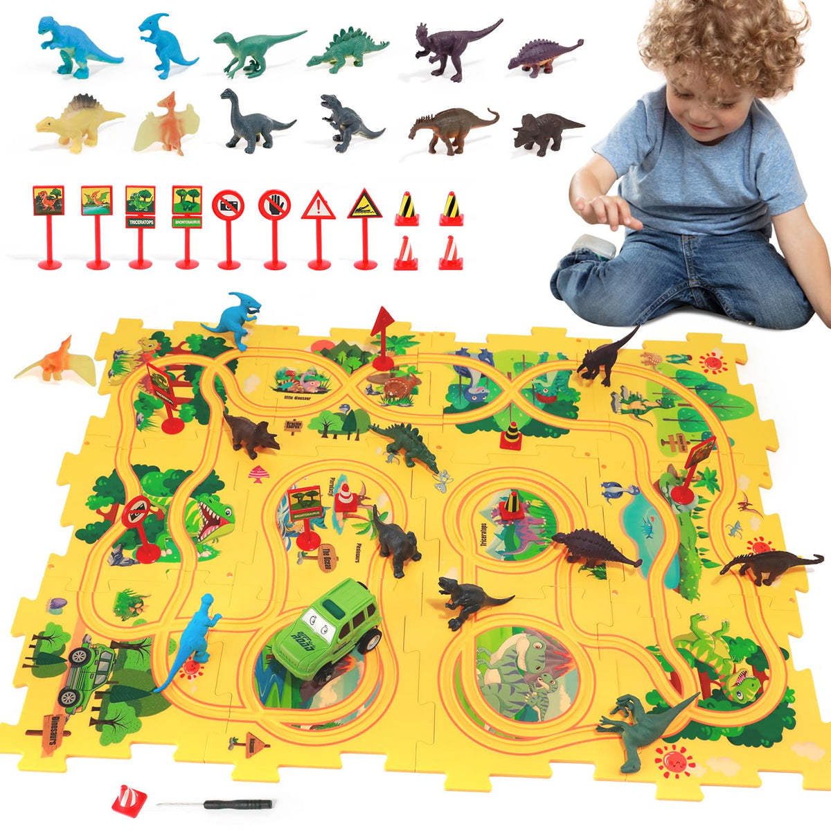XAZASTOV puzzle track car set with dinosaur figures for imaginative play