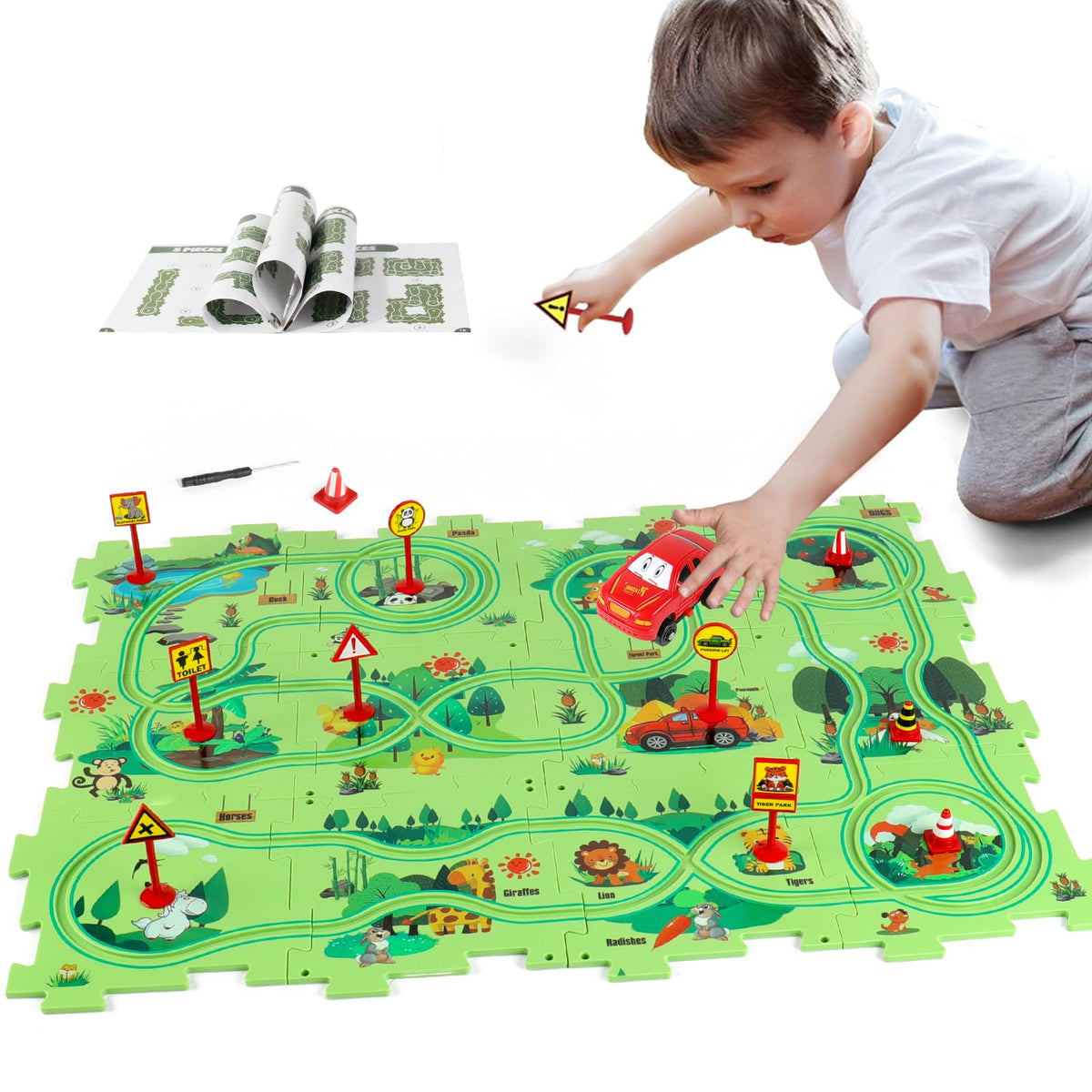 XAZASTOV Puzzle Track Car Play Set, red battery car on track for engaging problem-solving play.