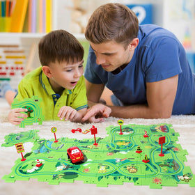 XAZASTOV Puzzle Track Car Play Set features durable ABS plastic and polished edges for safe handling.