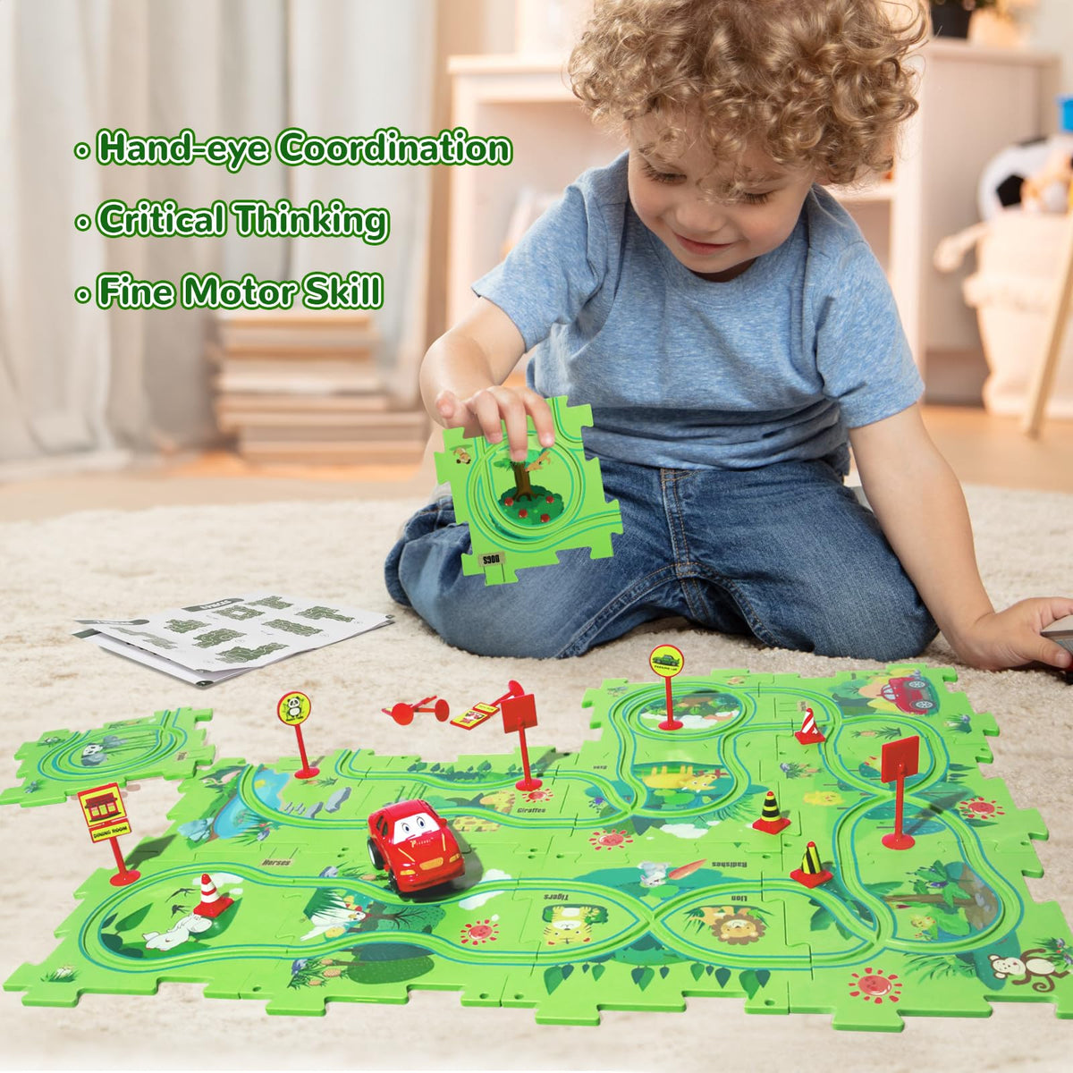 XAZASTOV Puzzle Track Car Play Set with 12 puzzle pieces and road signs for guided exploration.